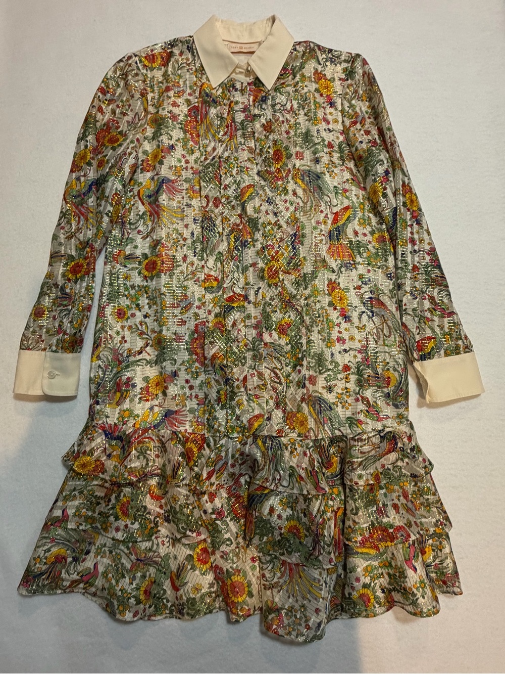 Tory Burch Promised Land Bird Peacock Floral Print Mini Dress w/Cream Collar
